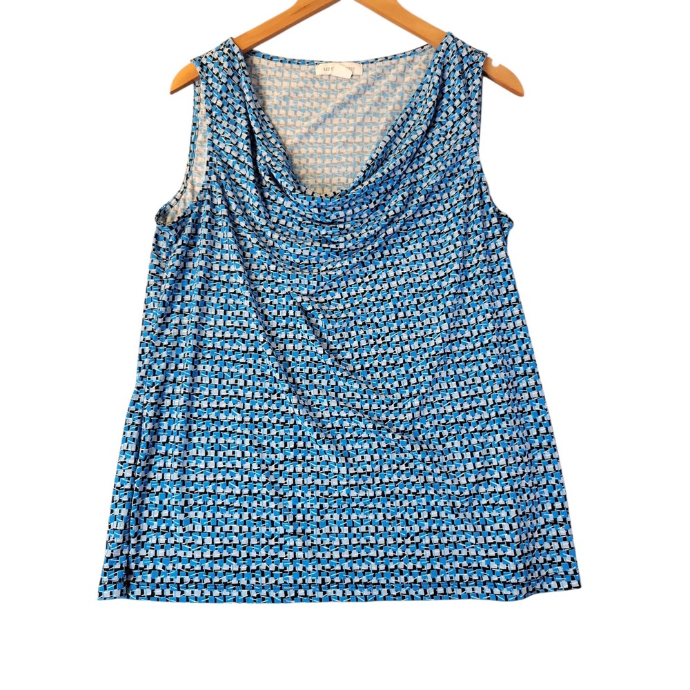 Liz Claiborne Womens XL Cowl Neck Sleeveless Top Blue Abstract Stretch Blouse